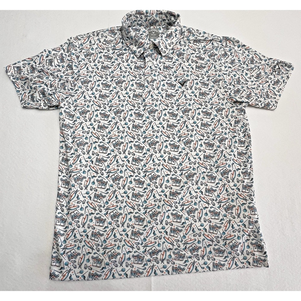 Callaway Opti Dri Golf Polo Shirt Mens Large White Golf Cart Print Stretch Teal